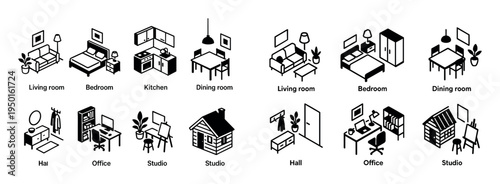 Home icons with sofa bed table isometric