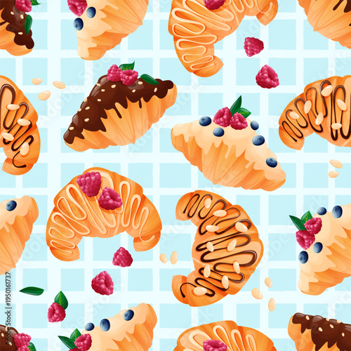 eamless pattern with raspberry croissants, fresh red berries, and miniature pies. A repeating dessert texture with juicy berries, green leaves in a soft pastel palette. perfect for fabric, wallpaper