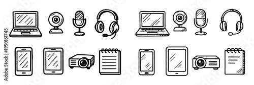 Technology icons with laptop headset microphone outline