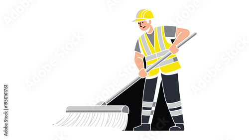 Street Sweeper at Work: A diligent street sweeper, clad in a high-visibility vest and hard hat, focuses on cleanliness as they meticulously sweep a sidewalk.