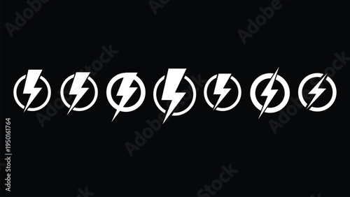 Collection of white lightning bolt icons in circular frames on black background