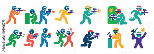 Paintball icons with players and guns colorful