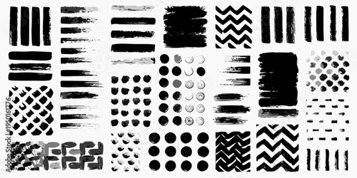 Collection of diverse black brush strokes and abstract shapes
