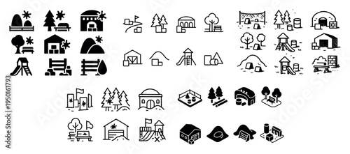 Outdoor icons with playground bench slide minimal