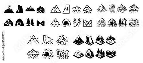Mountain icons with cave trees handdrawn