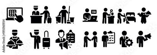 Hospitality icons with luggage bell desk glyph