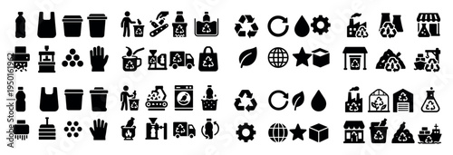 Recycling icons with bottle bag bin silhouette