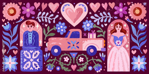 A whimsical illustration depicts a wedding scene with flowers and a vintage car