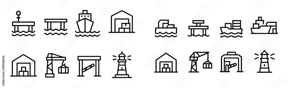 Fototapeta premium Harbor icons with ship warehouse crane outline