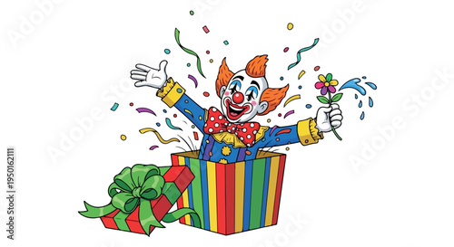 A colorful cartoon clown emerges from a gift box with confetti and a flower, against a clean white background with a playful mood.