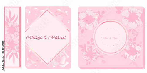 Three pink floral patterned cards with decorative frames and text