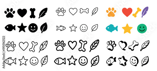 Pet icons with paw bone fish colorful outline
