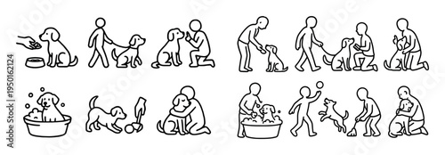 Pet care icons with dog and human outline