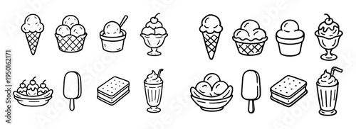 Dessert icons with cone bowl sundae outline