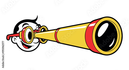Cartoon illustration of a smiling face looking through a yellow and red megaphone on a white background with bold lines.