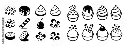 Dessert icons with cupcake ice cream cookie flat