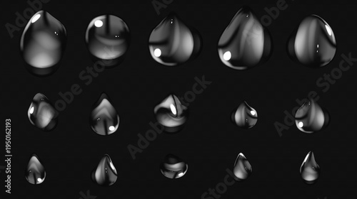 Set of fifteen transparent rain droplets in different shapes on dark background. Minimalist water drop collection for liquid and weather design elements.