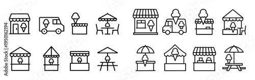 Market icons with stand cart ice cream flat