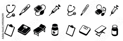 Medical icons with stethoscope syringe thermometer outline style