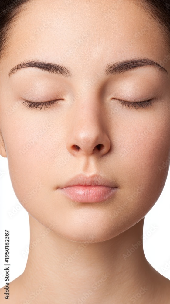Obraz premium Calm portrait of a young woman studio setting facial beauty image neutral background close-up perspective