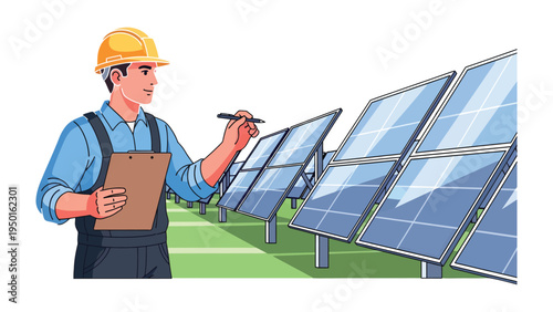 Solar Panel Inspection: An engineer meticulously inspects an array of solar panels, embodying the essence of renewable energy and sustainable practices.