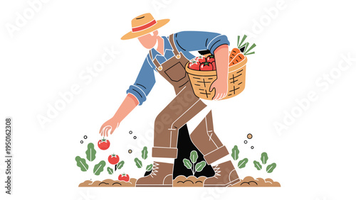 Harvest Time: An illustration of a farmer picking ripe tomatoes from a lush garden, holding a basket of fresh produce. Symbolizing the bountiful rewards of hard work and connection with the land.