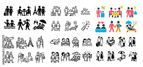 Travel icons with people umbrella plane colorful