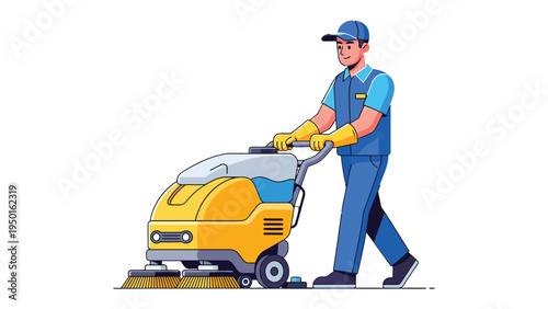 Custodian with Floor Cleaning Machine: A diligent custodian, operating an industrial floor cleaning machine, ensuring cleanliness and order in a well-maintained environment.