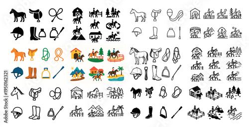Equestrian icons with horse saddle and helmet flat