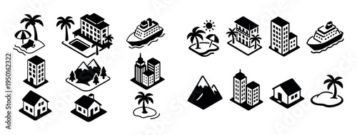 Travel icons with palm hotel cruise isometric