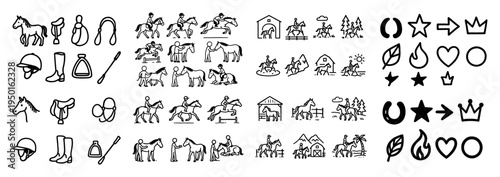 Equestrian icons with horse rider saddle outline