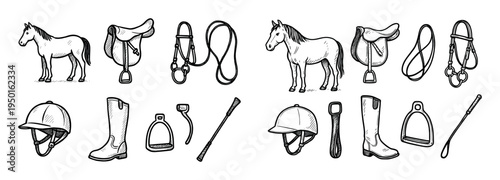 Equestrian icons with horse saddle helmet sketch