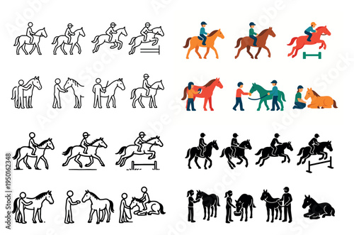 Equestrian icons with horse rider outline