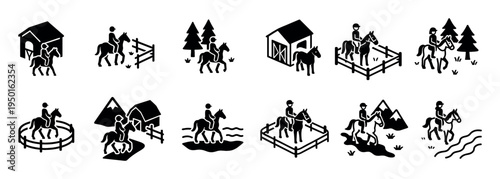 Equestrian icons with horse rider fence outline