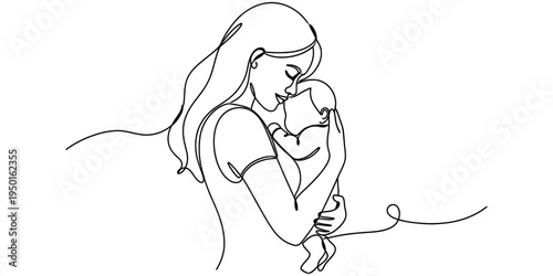 Continuous one line drawing of a mother holding her baby.