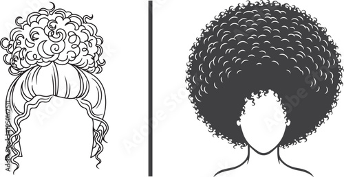 Charming vector line art featuring a messy curly updo bun and a voluminous, textured afro hairstyle. Perfect for celebrating natural hair, beauty branding, and modern fashion illustrations.