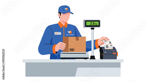 Box Weight Assessment: A postal worker diligently weighs a cardboard box using a digital scale to ensure accurate shipment measurements and determine postage costs.