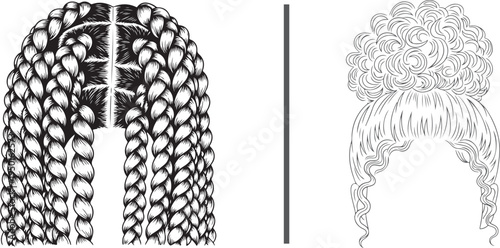 Detailed vector illustration of braided cornrows and a curly high bun hairstyle. Clean line art showcasing intricate textures and diverse styling for natural hair and beauty branding.