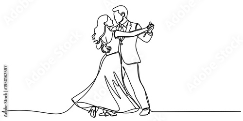 Elegant Continuous Line Art Drawing of Couple Dancing at Wedding