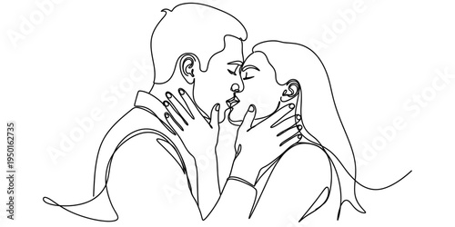 Continuous one line drawing of a romantic couple kissing, minimalist man and woman silhouette for love and relationship concept.