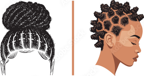Stunning vector illustration showcasing protective hairstyles: a detailed black line-art braided bun with cornrows and a profile of a woman featuring stylized bantu knots. Ideal for beauty branding.