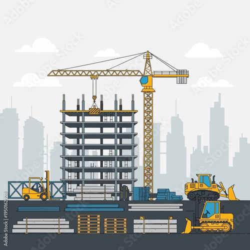 Construction site with crane, bulldozer, forklift, and building under construction.
