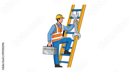 Reaching Solutions: A determined worker ascends a ladder with tools in hand, symbolizing problem-solving and progress towards a goal.