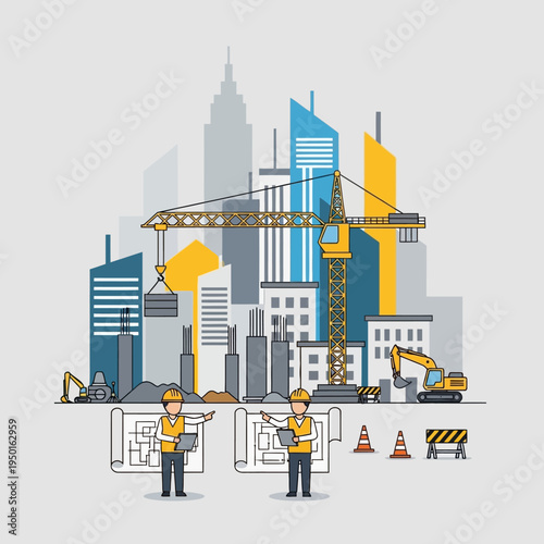 Construction Site with Crane, Excavator, Architects, and City Skyline Background