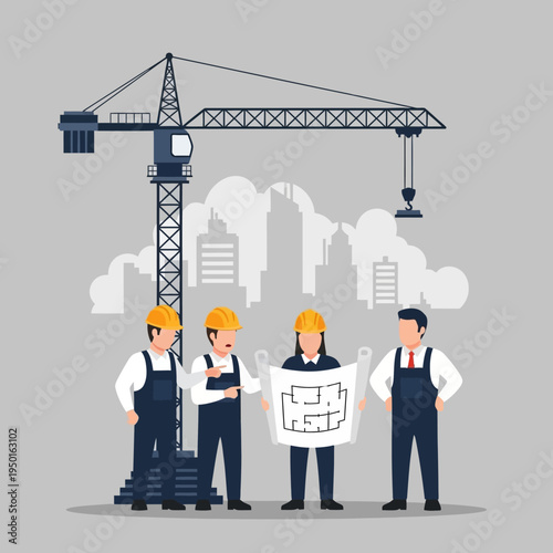 Construction team reviewing blueprints at building site with crane and city skyline