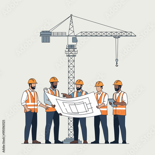 Construction team reviewing blueprints under a crane, teamwork and planning on a building site.