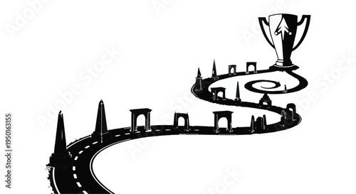 Black and white illustration of winding road leading to trophy cup on white background, symbolizing success and achievement in business or competition