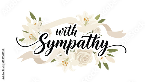 A heartfelt 'With Sympathy' message, elegantly scripted, adorned with white lilies, roses, and ribbons, offering profound solace and gentle