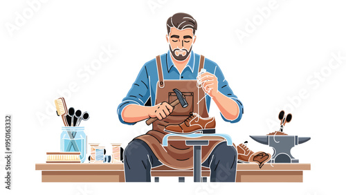 Crafting Legacy: A skilled artisan meticulously works on a leather shoe, demonstrating the enduring craft of shoemaking. The scene conveys dedication and expertise.