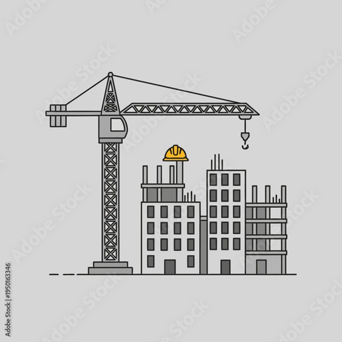 Construction site with crane and unfinished buildings, urban development concept